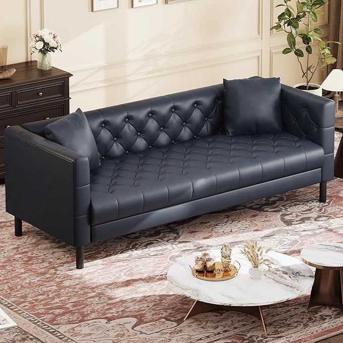IDEALHOUSE 81 Mid-Century Modern Leather Sofa for Living Room Chesterfield Sofa with Deep Seats and 2 Pillows 3 Seater Couch with Button Tufted Leather Couch for Apartment Office Blue