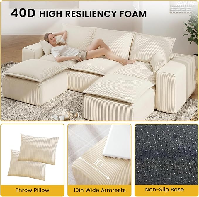 107 Cloud U-Shaped Modular Sectional Sofa for Living Room with Ottoman No Assembly Required Deep Seat Couch in Two Box.