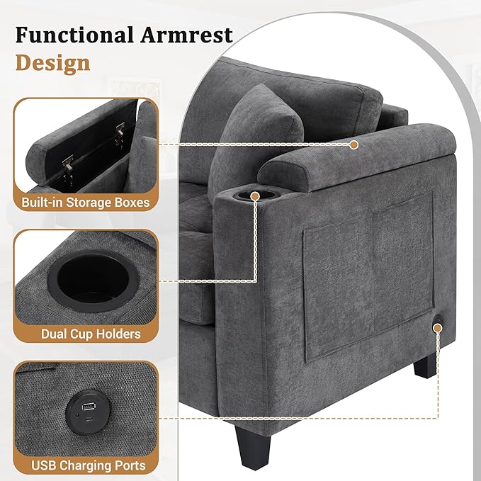 Eafurn Oversized U Shaped Sectional Sofa Tufted Couch w/Left Chaise 6-Seater Chenille Convertible Corner Couches w/Cup Holders Storage Armrest and USB Ports