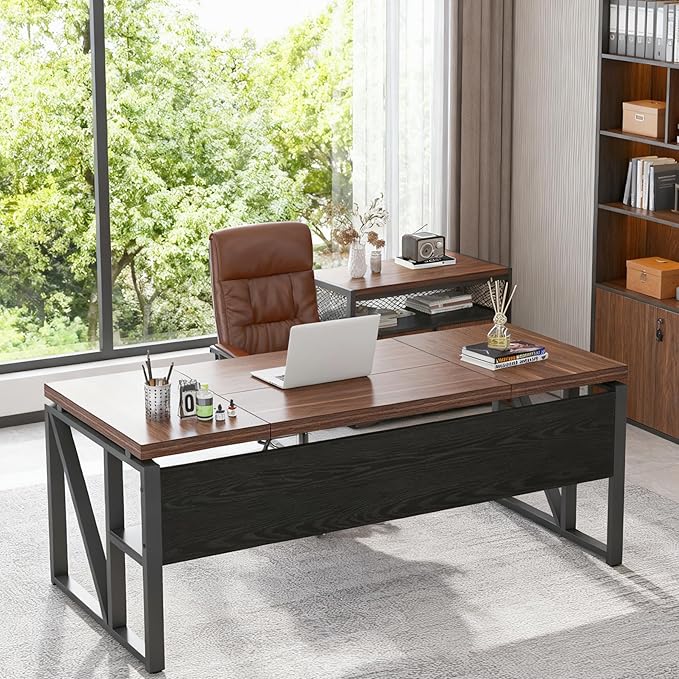 Tribesigns L-Shaped Desk with Drawers 63 Executive Office Desk with Mobile File Cabinet and Storage Shelves Home Office Business Furniture Set (Dark Brown and Black)