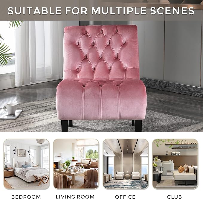 Modern Velvet Armless Accent Living Room Chair Leisure ChairUpholstered Fabric Button Comfortable Chair with Wooden Legs for Bedroom Living Room Office (Pink Velvet)