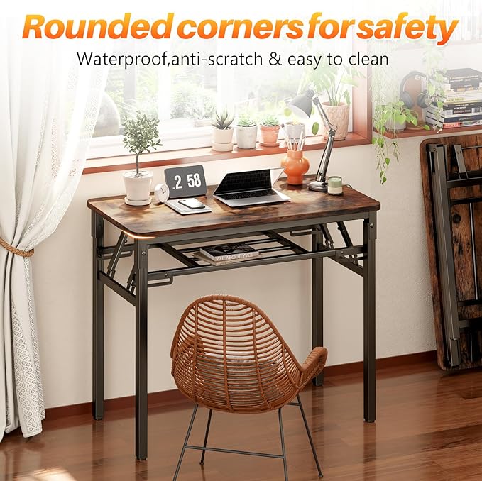BYMECOST 39 inches Folding Computer Desk No Assembly Long Foldable Office Table Portable Large Foldable Home Office Desk No Install Activity Table Conference Table (Brown 39.4)