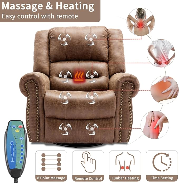 Manual Swivel Rocker Recliner with Heat and Vibration 360° Swivel Glider Rocking Recliner Ergonomic Lounge Massage Recliner Chairs with Side Pockets &amp USB Ports Nut Brown