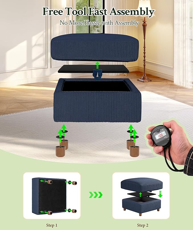 25.2 Couches for Living Room Comfy Blue Ottoman with Storage Foot Rest Tool-Free Setup Small Ottoman Foot Rest for Couch Corduroy Couch for Bedroom Apartment Office