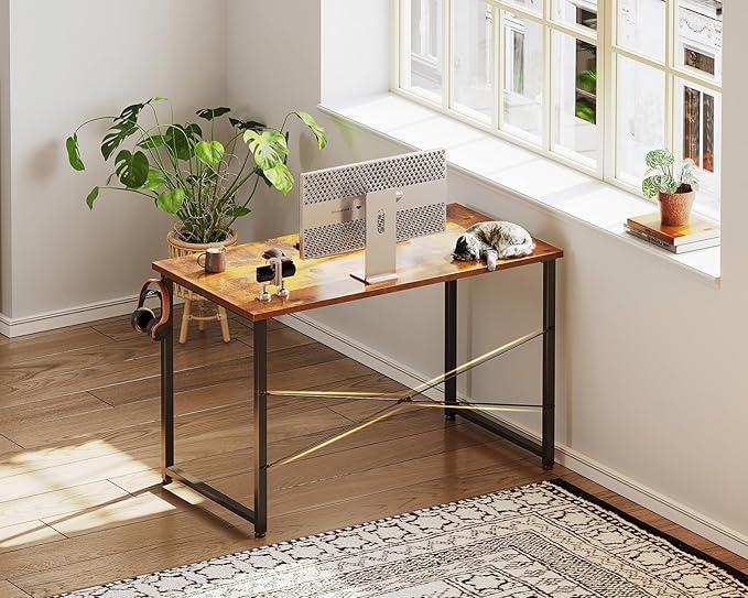Casaottima 39.5 Inch Small Computer Desk for Home Office Study Writing Table for Small Spaces Simple Modern Desk with Headphone Hooks Vintage