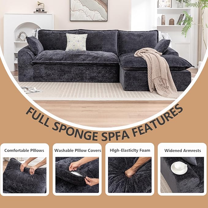 Cloud Sectional Couch103''Boneless Sofa for Living RoomModular Sectional Sofa with L-Shaped Chaise Deep Seat Sofas No Assembly Required(Black Left Facing Chaise)