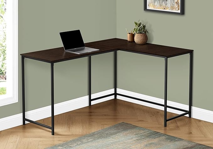 Penau L-Shaped Computer Desk Spacious Espresso Finish Corner Design Black Metal Base Modern Home Office Furniture 58.25l x 44w x 30h