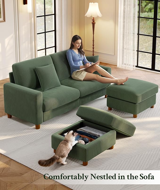 70.2 Couches for living room Comfy U Shaped Couch Green 7.1 Thicker Cushion Sofas for Living Room Tool-Free Setup Loveseat with Ottoman 7058lbs Support Corduroy Couch for Bedroom Office
