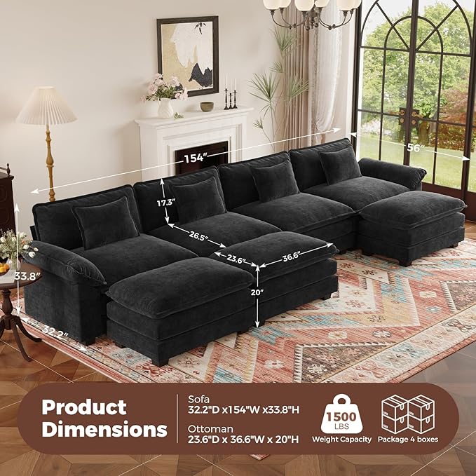 HUSFU 154 Cloud Couch Modular Sectional Sofa with Ottoman 4-Seat Modern Chenille Upholstered U-Shaped Deep Seat Sofa Couch for Living Room Bedroom and Apartment Black