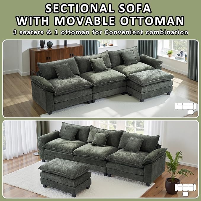 Gexpusm Modular Sectional Sofa108 L Shaped Modular Cloud Couch Sectional with Deep SeatSofas with ChaiseCouches with Ottoman for Living Room BedroomChenille Oversized Sleeper Sofa (Green)