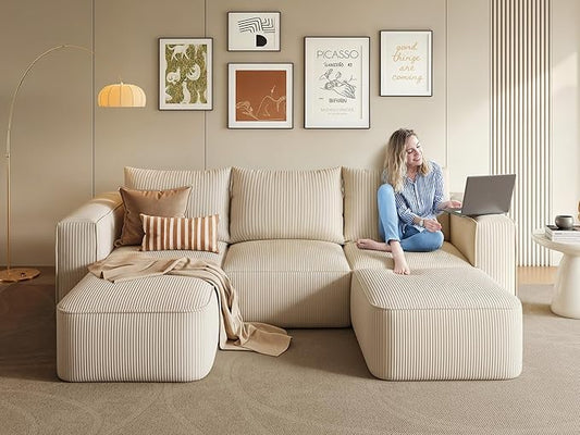 DWVO 107 Inch Cloud Sectional Couch with U-Shape Chaise Deep Seat Sofa with 3 Pillows 2 Ottomans Corduroy Upholstered Modular Sofa for Living Room Bedroom No Assembly Required Milky White