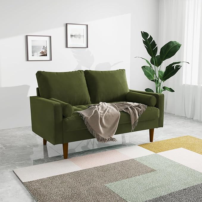 SILKIR Velvet Loveseat Sofa Love Seats Furniture for Small Spaces Mid-Century Modern Loveseats for Living Room Love Seat Couch 58 Inches Olive Green