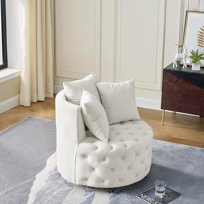 GDFStudio Velvet Swivel Accent Chair with Button Tufted Back Caster Wheels and 3 Matching Pillows Modern Upholstered Armchair for Living Room Home OfficeBeige