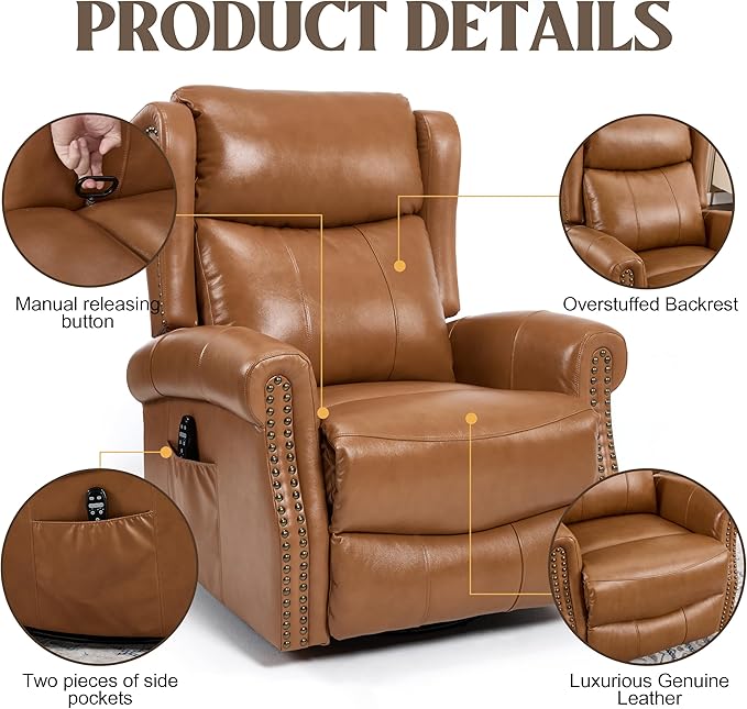 Manual Rocker Swivel Recliner Chair for Adults Vibration Massage Reclining Glider Chair with Lumbar Heat Rivet Design Single Sofa for Living Room Genuine Leather Yellow Brown