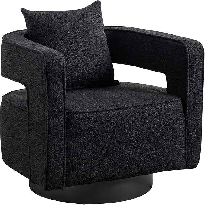 29 W Modern Boucle Swivel Accent Chair Open Back Comfy Sofa Chair with Black Wood Base for Nursery Bedroom Living Room Hotel Office Club Leisure Lounge Chair (Black)