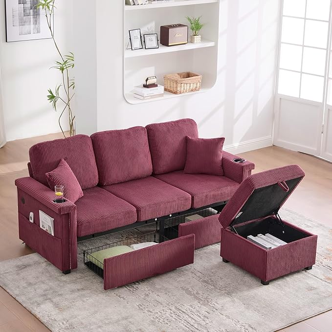 L-Shaped Sectional Sofa with Storage &amp Movable Ottoman Corduroy 3 Seater Sectional Couch with USB Charging Cup Holder &amp LED Light Couches for Living Room (Wine Red 76.38)