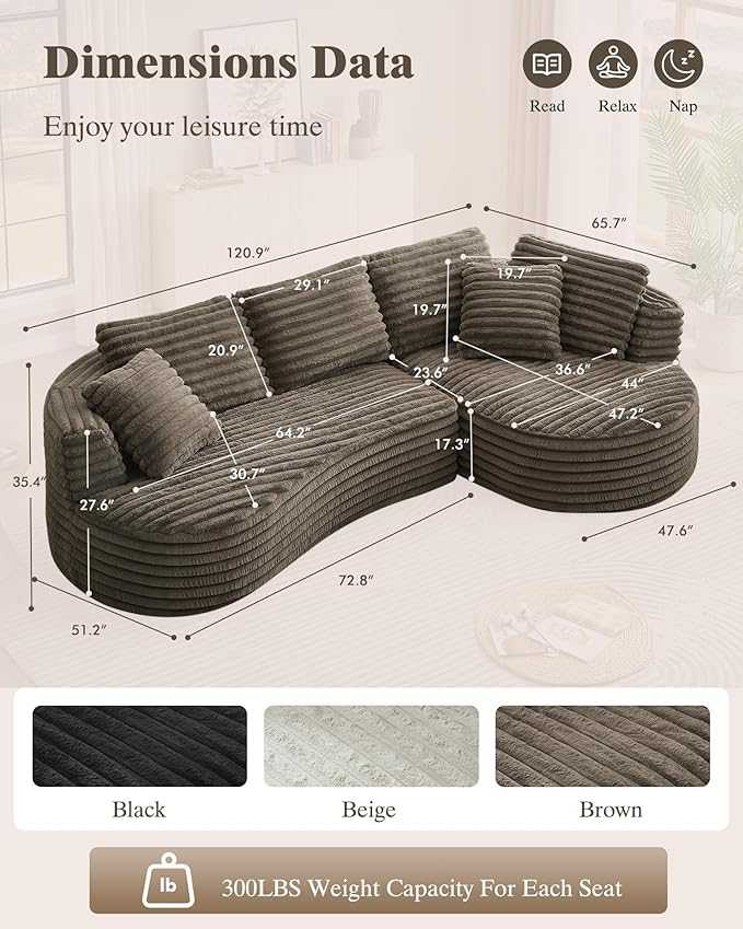 121 inch Boneless Cloud Modular Sectional Couch Wide Curved L Shaped Sofa with Chaise | Corduroy Fabric | Compressed Foam Sofa for Living Room | No Assembly Dark Brown