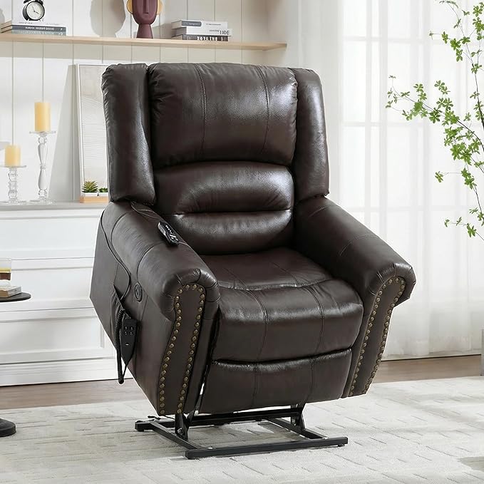Genuine Leather Power Lift Recliner Chair Lazy Boy Recliner Chair with Charging Ports for Living Room Theater Seating Electric Single Sofa with Round Armrest Dark Brown