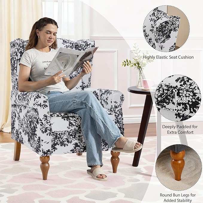 Rovibek High Wingback Chairs with Table - Midcentury Modern Accent Chair for Living Room Upholstered Armchair with Solid Legs Printed Living Room Chairs for Living Room Bedroom Balcony