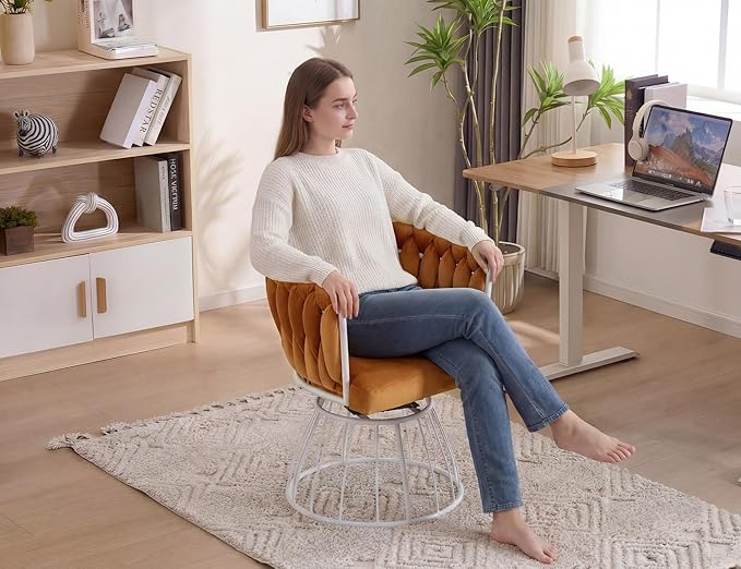 Mistpeople Swivel Weave Accent Chair Velour Upholstered Modern Chair with Woven Tufted Backrest for Living Room Bedroom Vanity Orange