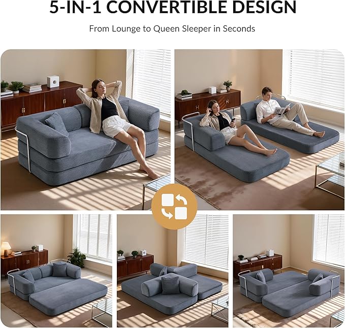 5-in-1 Convertible Sofa Bed Boneless Floor Couch Queen Size with Magic Pillow Blankets Zero-Assembly Sleeper Futon for Apartments Renters &amp Micro-Living Spaces Grey