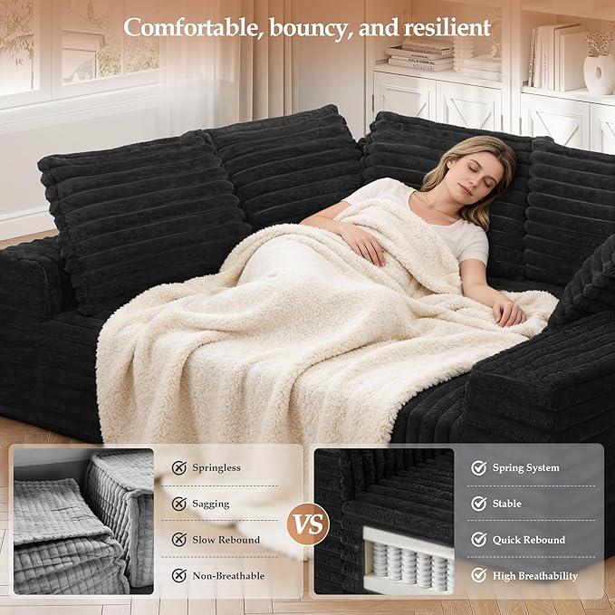 Cloud Boneless Sofa Oversized Modular Sectional L-Shape Sofa with Chaise High Backrest Corduroy Fabric Couch with USB Charging Ports Cup Holders &amp Pillows for Living Room (Black)