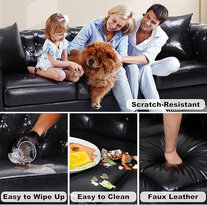 Leather Couche for Living Room 84 Inch Mid-Century Upholstered Modern Sofa CouchLeather Sofa Couch with Wooden Legs Chesterfield Sectional (Black)