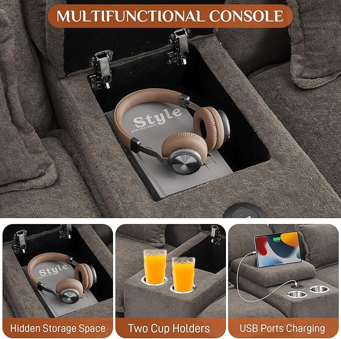 124 U Shaped Cloud Couch Sectional Sofa Fluffy Modular Couches for Living Room Oversized Modern Plush Chenille Sectional Couch Set Cloud Sofa with Central Console USB Ports Cup Holder Stone Grey