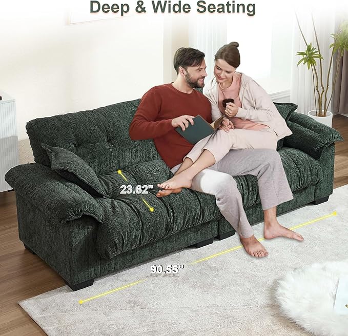 90.5 Modular Cloud Sofa 2 Seater Couch Oversized Loveseat with Armrest Pillow Comfy Tufted Couch Deep Seat Love Seats for Living Room Apartment Small Space- Green