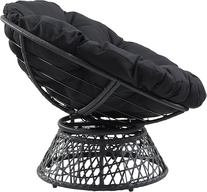 OSP Home Furnishings Wicker Papasan Chair with 360-Degree Swivel Grey Frame with Black Cushion