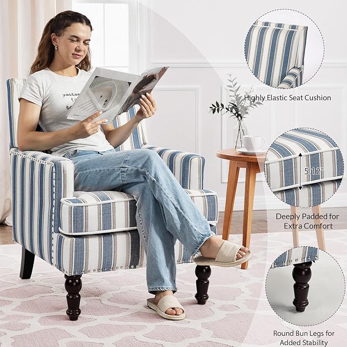 Rovibek Midcentury Modern Accent Chair - High Back Living Room Chairs Upholstered Armchair with Solid Legs Blue Striped Accent Chair for Living Room Bedroom Balcony