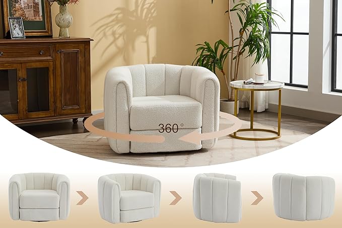 KEIKI Swivel Accent Chair Set of 2 Comfy Upholstered Barrel Armchair for Living Room White and White