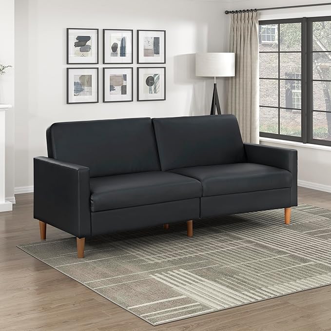 Lexicon 79W Convertible Futon Sofa Bed Loveseat Faux Leather Upholstered Couch Sleeper Adjustable Backrests Padded Pocket Coil Solid Wood Legs for Living Room Bedroom Apartment Office Black