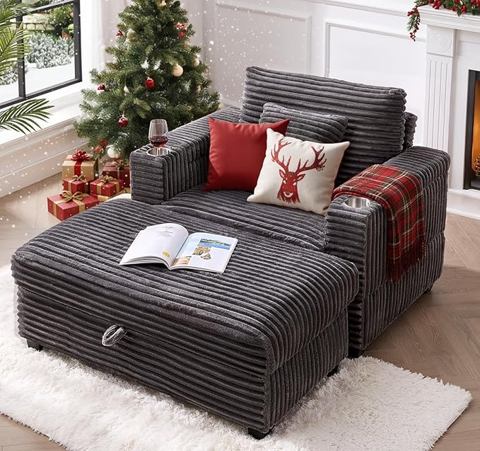 ONBRILL Corduroy Oversized Chair with Ottoman 44 Wide Armchair with Cup Holders &amp USB Port Reading Chair w/Storage Armrest Easy Assembly Comfy Single Sofa Bed for Living Room Apartment Grey