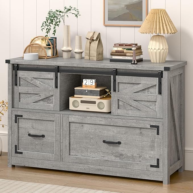 Vabches Lateral File Cabinets 2 Drawer with Sliding Barn Doors Farmhouse Filing Cabinet with 2 Drawer for Home OfficeFiling Organization Storage Cabinets for Hanging Files Letter/Legal/F4/A4.Grey