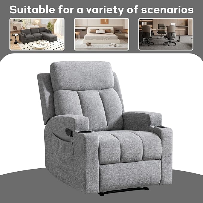 CANMOV Manual Massage Heat Recliner Chair Set of 2Soft Fabric Recliner Chair with Overstuffed Arm and Back Manual Reclining Single Sofa with 2 Cup Holders Side Pocket for Living RoomLight Grey