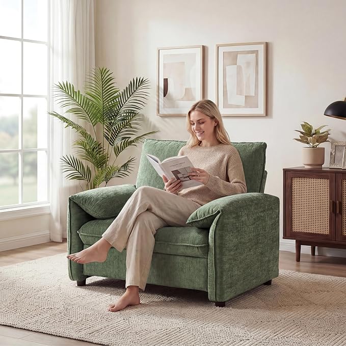Oversized Accent Chair Modern Armchair for Living Room Wide Reading Chair w/Deep Seat Springs Cushion Chenille Armchair w/Pillow Arm Single Sofa Chair for Bedroom Apartment Office Green