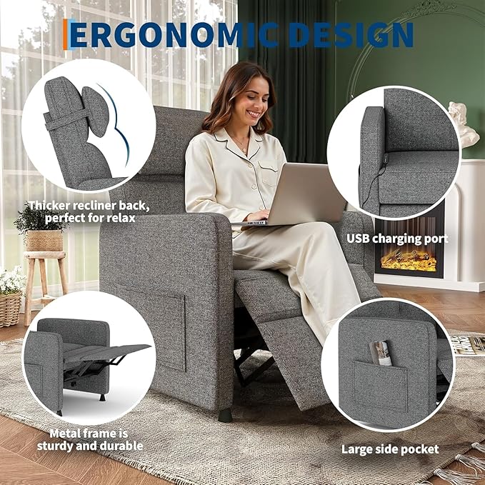 PeakPursuit Power Recliner Chair with Electric Adjustable Back USB Port &amp Side Pockets Single Overstuffed Recliner Chair for Living Room Bedroom or Home Theater Grey