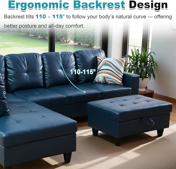 103.5 Oversized Sectional Couch L Shaped Couch with Storage Ottoman Modern Modular Sofa with Deep Seat Sectional Couches for Living Room and Office Peacock Blue (PU Leather)