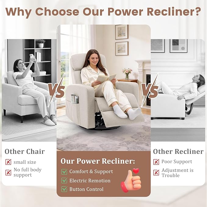 Power Swivel Recliner Chairs for Adults Electric Glider Rocking Chair Nursery Glider Recliner Nursery Chair with Classified Side Pocket Nursery Rocking Chairs with USB and Type-C Ports