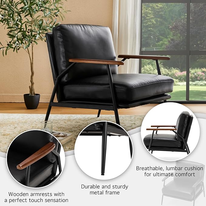 Glitzhome Mid-Century Modern Accent Chair PU Leather Ultra Soft Living Room Armchair Lounge Chairs with Steel Frame &amp Wooden Armrest for Living Room Home Office Reading Room Black