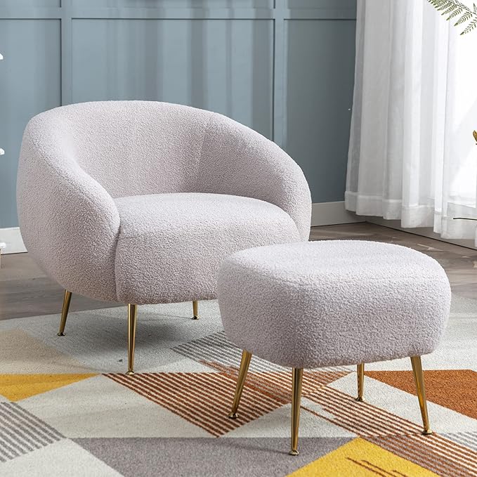 Modern Comfy Leisure Accent Chair Teddy Short Plush Particle Velvet Armchair with Ottoman for Living Room
