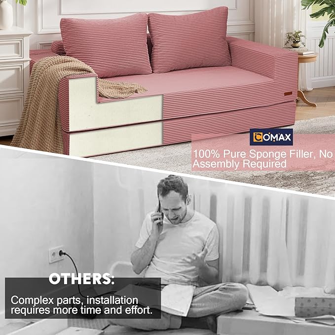 COMAX Convertible Sofa Bed Queen Corduroy Folding Floor Couch Pull Out Couch Bed Futon Sleeper with Pillows Fold Out Boneless Sofa Comfy Lounge Mattress Loveseat for Living Room Bedroom Pink