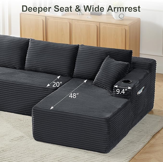 133.5 Oversized U Shaped Sectional Couch Boneless Cloud Couches for Living Room Corduroy Comfort Modular Deep Seat Sofa with Chaise Cup Holders &amp Storage Pocket No Assembly Dark Grey
