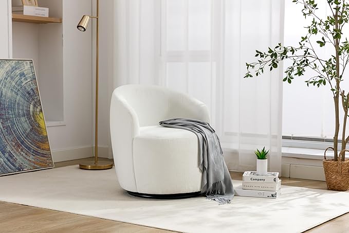 Swivel Accent Chair Recliner Modern Comfy Barrel Chairs for Living Room and Bedroom Cozy Upholstered Small Reading Chairs with 360-Degree RotationIvory