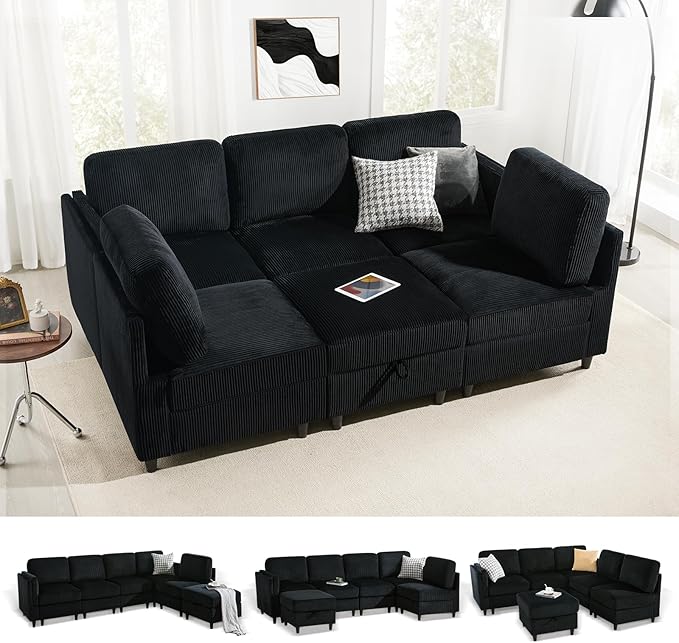 KKL Modular Sectional Sofa Bed - Sofa Couch with Storage Ottoman Convertible L/U-Shaped Sleeper Couch for Living Room Modern Reversible Design Black