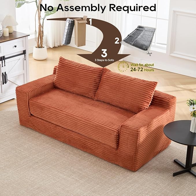 GNIXUU Corduroy Cloud Loveseat Sofa 2 in 1 Convertible Sleeper Sofa with Fixed-Shape Frame Comfy Folding Boneless Love Seat Couches for Living Room Apartment Small Spaces. Orange