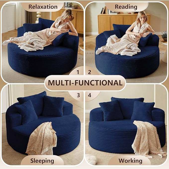 Oversized Round Chair Lounge Chaise Indoor Upholstered Corduroy Deep Seat Cloud Large Circle Sofa Chair No Assembly Required Fluffy Modern Sleeper Sofa Bed for Reading Living Room Bedroom Blue