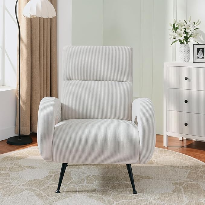 Modern Accent Chair Reading Chair with Corduroy Fabric Upholstered and Hight Backrest Single Sofa Chairs for Living Room Apartment Bedroom and Small Spaces. (Beige)