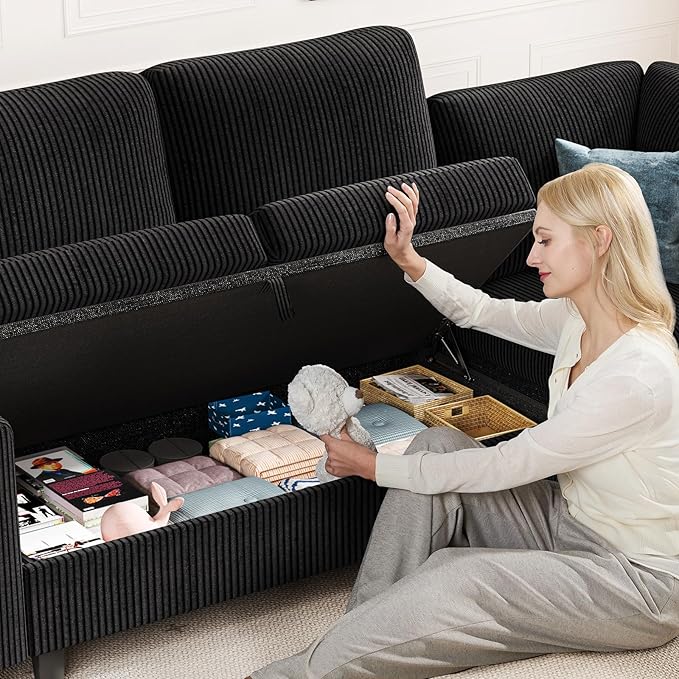 KKL Sleeper Sofa with Pull Out Bed Corduroy Sectional Couches for Living Room Modular Sectional Sofa with Storage L Shaped Sectional Sleeper Sofa Couch Black